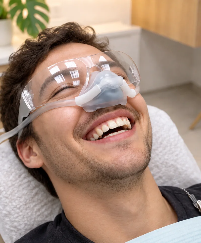 Paciente sorrindo com a máscara de óxido nitroso: dentista para quem tem medo em São Paulo