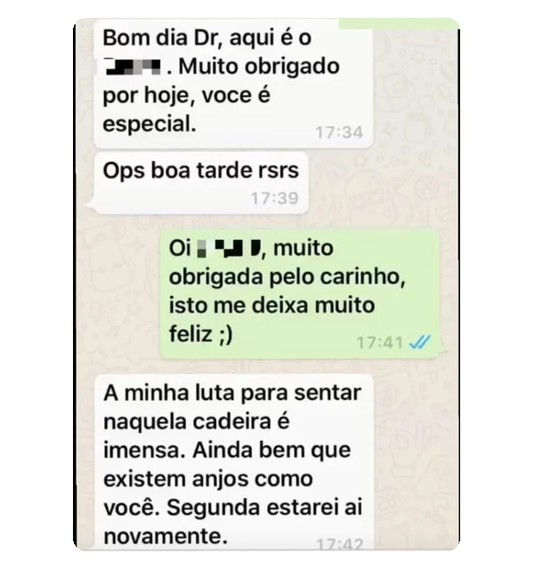 Print de conversa no WhatsApp: paciente escreve que a luta para sentar na cadeira do dentista é imensa e que na segunda-feira estará lá novamente